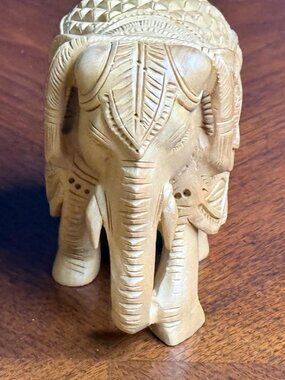 Ornate Hand Carved Wooden Elephant - Signed Vintage Indian Folk Art Decor